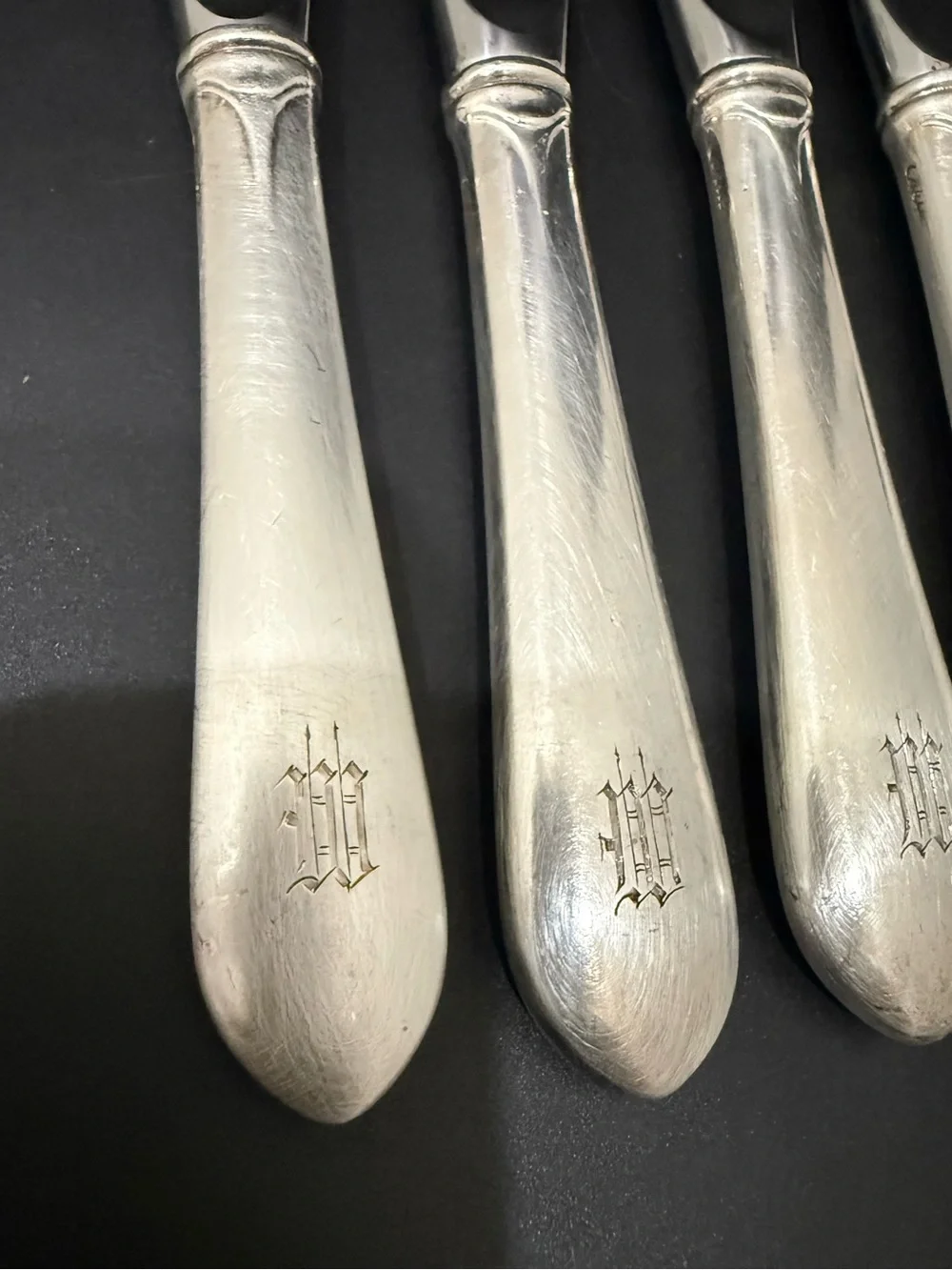 4 Vintage GORHAM Sterling Gothic Monogram W or M Hollow Handle Butter Spreader